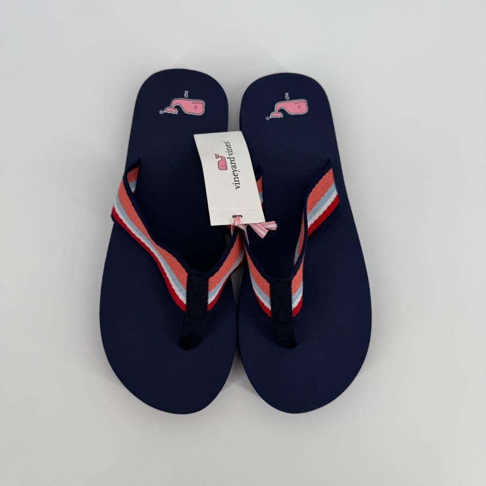 Vineyard Vines Heritage Webbing Foam FF Racing Red Blue‎ Whale Flip Flops Sz 9
